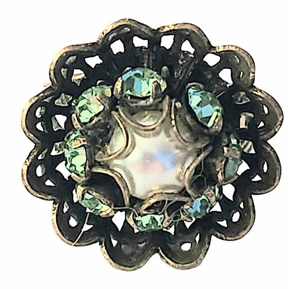 1940s  Art Deco Faux Pearl Green Glass Gold Tone Large Adjustable Cocktail  Ring - Picture 1 of 4